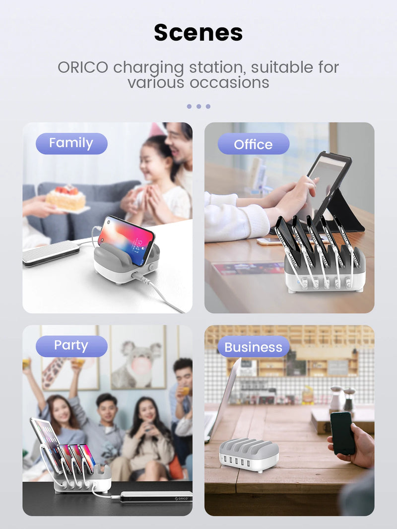 ORICO 5 Ports USB Charging Station Dock with Holder 40W 5V2.4A USB Charging Free USB Cable for iPhone PC Tablet