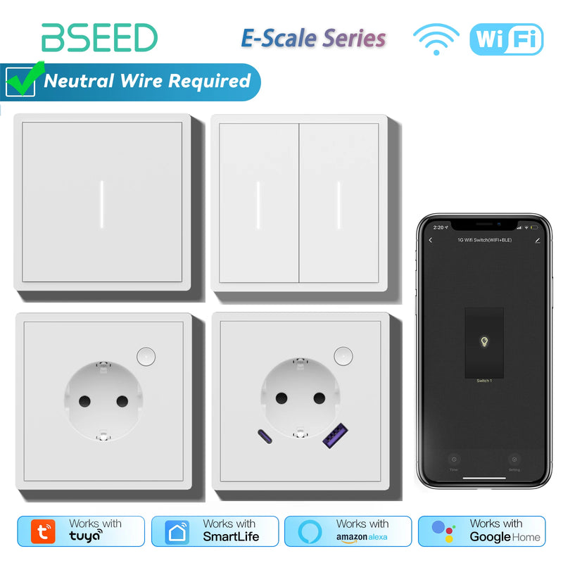 BSEED WIFI Button Switch 1/2/3/4Gang 2Way Smart Click Switch Smart EU Socket Plastic Frame Tuya Smart Life Alexa Voice Control