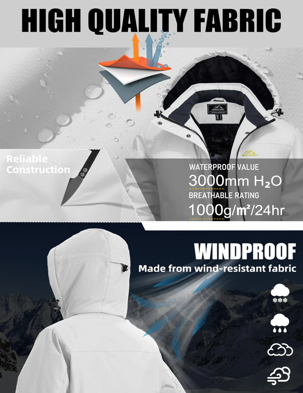 TACVASEN Waterproof Winter Fleece Lined Coat Womens Windproof Warm Breathable Ski Jacket Hooded Multiple Pocket Outdoor Coat