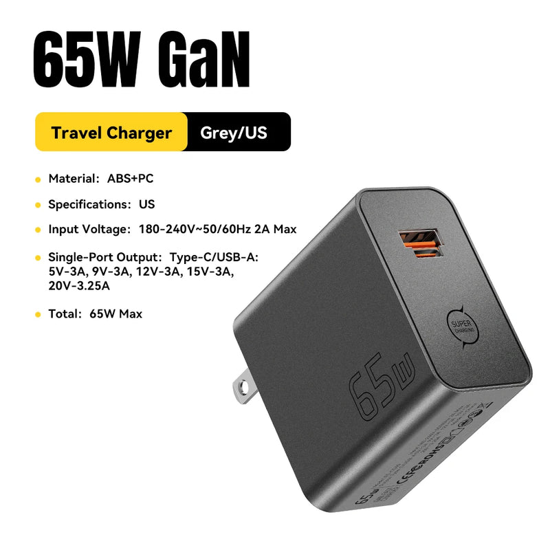 ឆ្នាំងសាក ESSAGER 65W GaN 2 ក្នុង 1 USB Type C ឆ្នាំងសាកដែលឆបគ្នាយ៉ាងពេញលេញ សាកថ្មលឿនសម្រាប់ iPhone 17 Samsung S26 MacBook Huawei កុំព្យូទ័រយួរដៃ