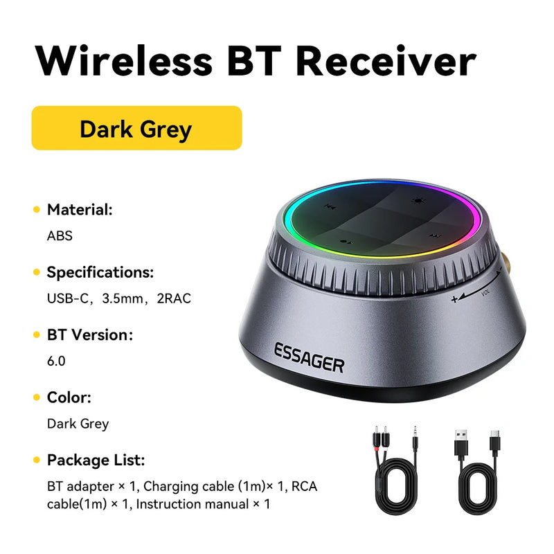 ឧបករណ៍ទទួលសំឡេង Essager Bluetooth 6.0 3.5mm RCA Music Wireless Adapter ជាមួយភ្លើង RGB សម្រាប់ទូរស័ព្ទ NFC Android សម្រាប់ឧបករណ៍បំពងសម្លេងរថយន្ត