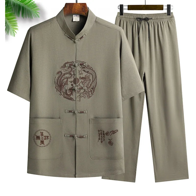 Chinese-style Men's Stand-collar Two-piece Set: A Summer Short-sleeve Shirt Paired with Cropped Pants. Red,Blue,Green,Khaki,Gray