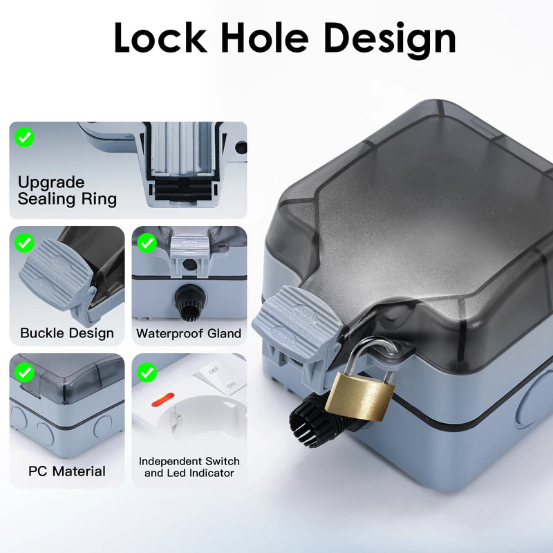 BSEED IP66 Waterproof Electrical Wall Socket Outdoor Switched Power Socket With Dustproof Box Suitable for Outdoor Gardens
