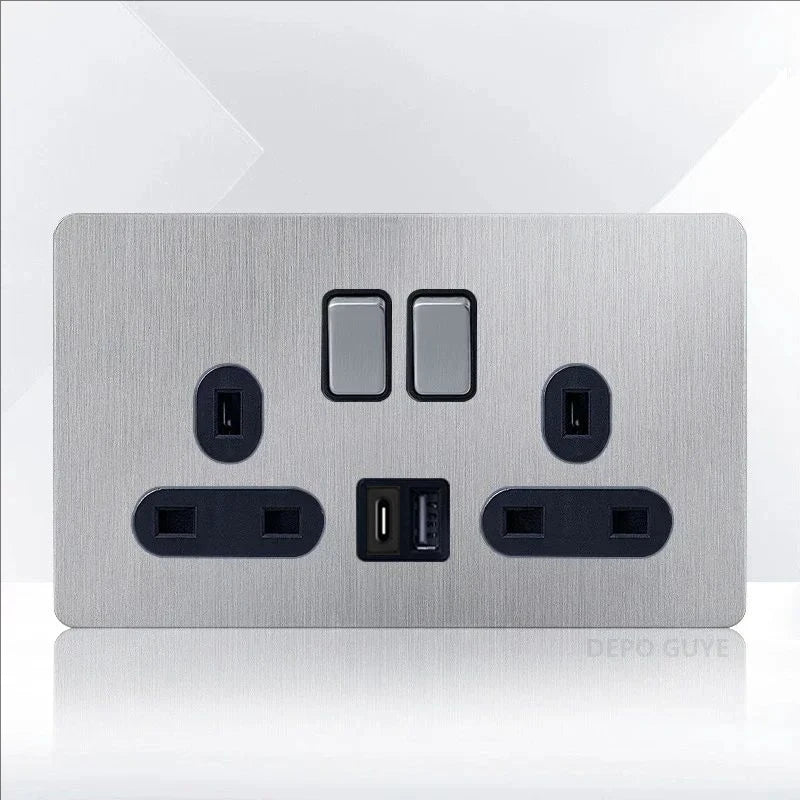 Retro EU France Socket Stainless Steel Brushed Double Power Outlet Toggle Metal Lever 1-4 Gang 2Way Wall Light Switch Panel RJ45