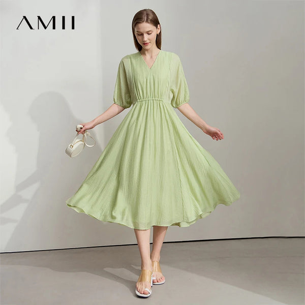 រ៉ូបការិយាល័យ AMII Minimalist សម្រាប់នារីរដូវក្តៅ ឆ្នាំ២០២៥ ដៃអាវរាងចង្កៀង V-neck រ៉ូបប៉ាក់រលុង ម៉ូដសម្រាប់នារី 12522090