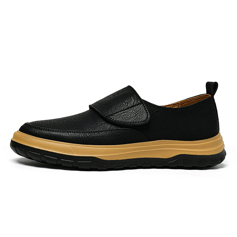 Men's Slip-On Casual Leather Loafers, Natural Leather Upper, Hook and Loop Strap, Black