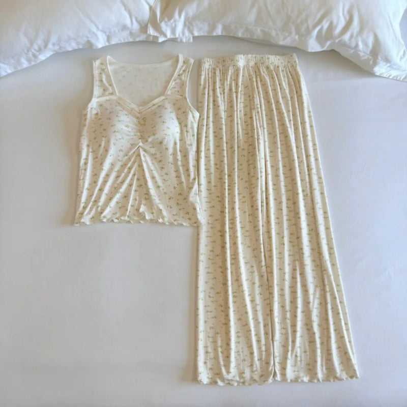Sleeveless Nightwear Women Pajama Women's Home Clothes Chest Pad Homewear 2 Pieces Sleepwear for Summer Suit Long Pants Pijama