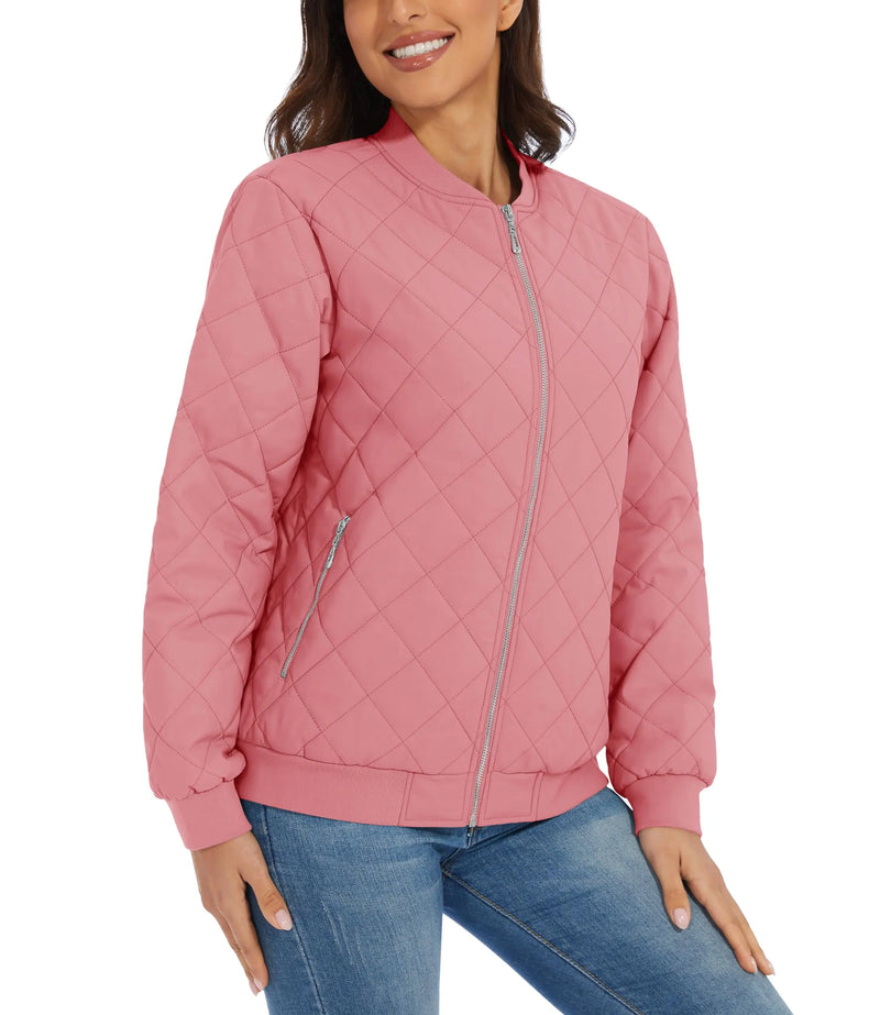 TACVASEN Women Casual Warm Diamond Quilted Jackets Jackets Full Zip Padded Classic Biker Jacket Winter Coats Streetwear Outwear