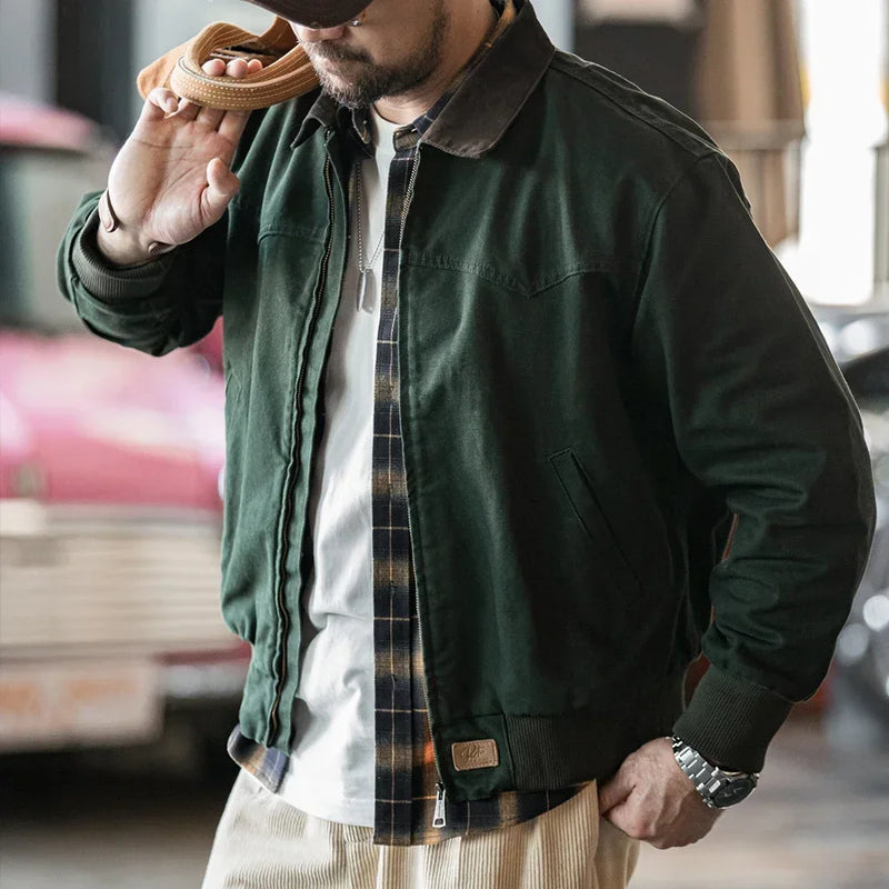 អាវធំ Maden Retro ទម្ងន់ធ្ងន់ Santafe Canvas Jackets កប្បាស Corduroy Lapel Ribbed Hem Cuffs អាវខ្លីសម្រាប់អាវធំរដូវស្លឹកឈើជ្រុះរបស់បុរស