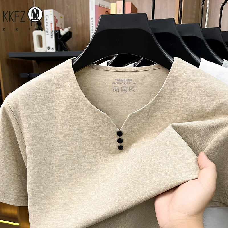 Mens Soft Breathable V Neck Tee With Henley Button Design Comfortable For All Seasons Daily And Casual Wear Activities