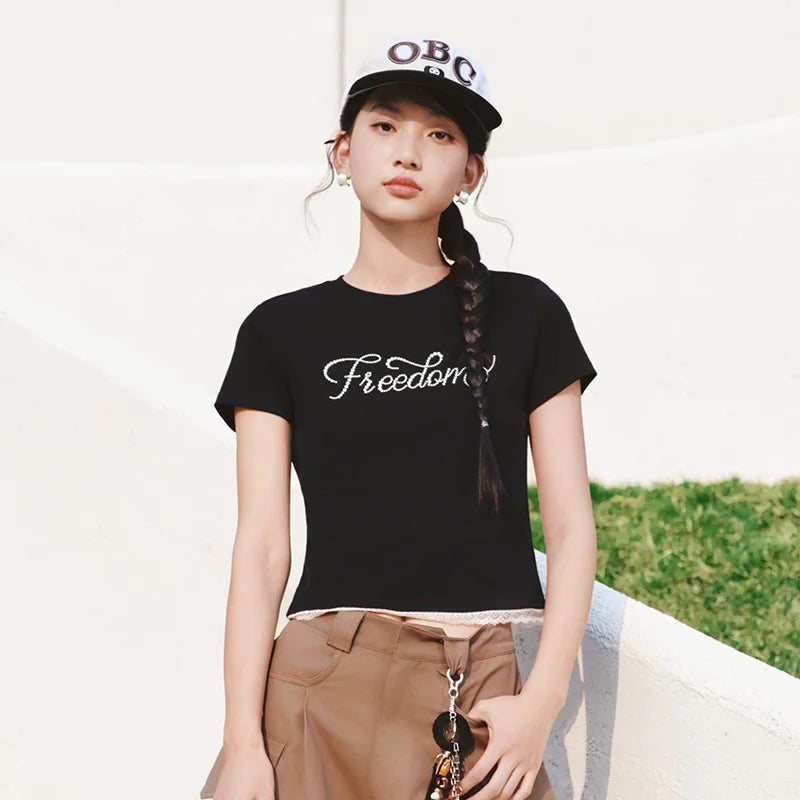 Semir Women Tshirt Short Lace Fake Two Piece Beaded Letter Slim Fit Short Sleeve 2026 New Elegant Daily Top Wear