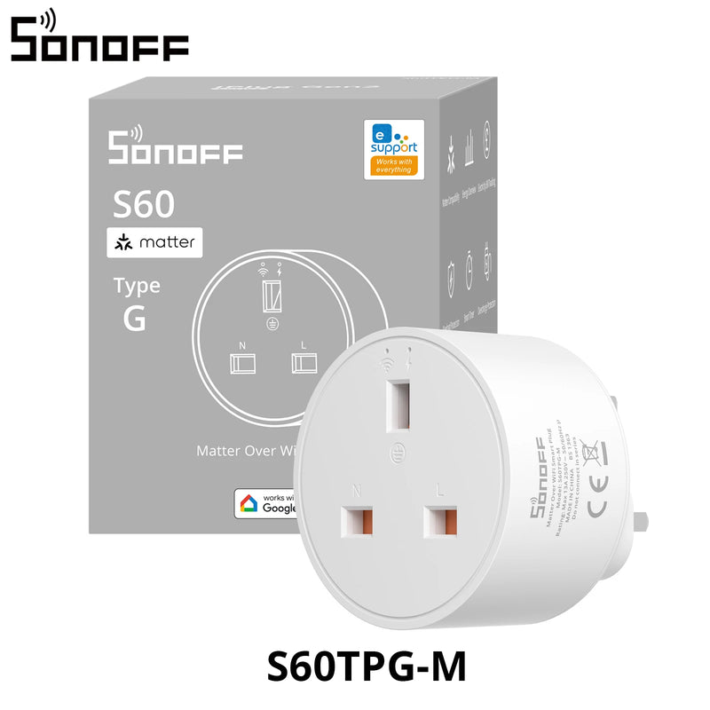 SONOFF S60TPG-M S60 Type G Matter Over WiFi Smart Power Meter Plug Real-Time Energy Monitor Overcharge Protection Timer Schedule