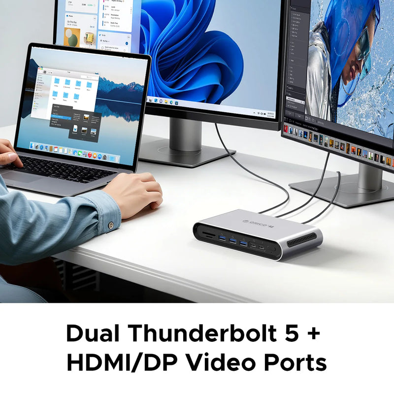 ORICO Thunderbolt 5 120Gbps Docking Station M.2 NVMe SSD 8K HDMI-com DP 140W PD 2.5G Ethernet SD4.0 USB-A 10Gbps HUB for MacBook