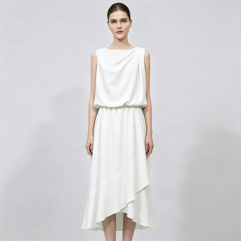 Amii Sleeveless Women Dress 2026 Summer New Bateau Neck Elastic Waist Elegant Asymmetrical Ruffle Casual Chiffon Dress 12642049