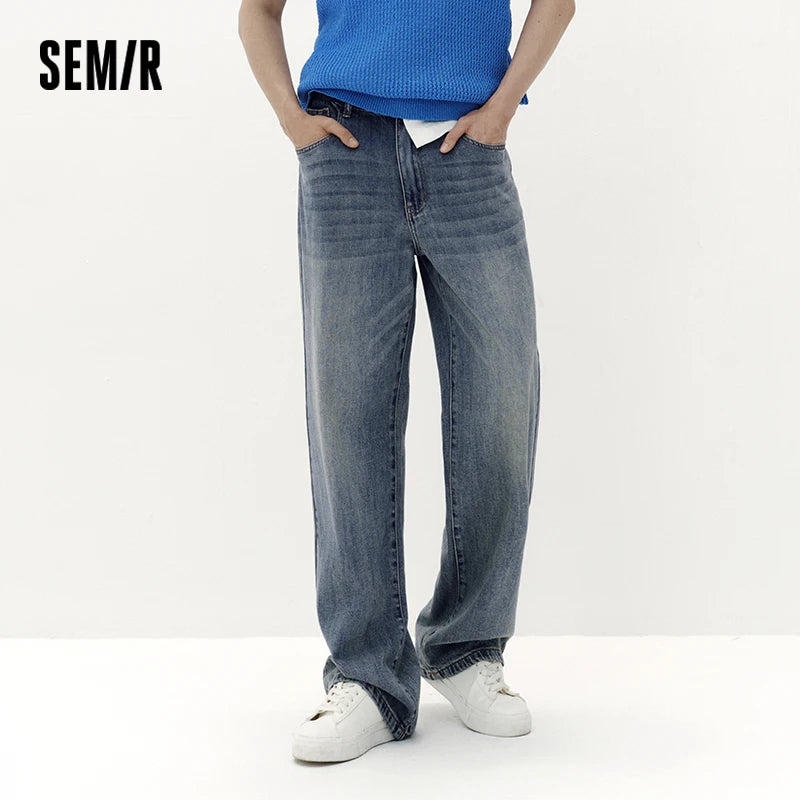 Semir Men Jeans Elastic Waist Wide Straight Embroidered Pocket Retro 2026 Autumn Soft Denim Pants Casual Daily Wear Style