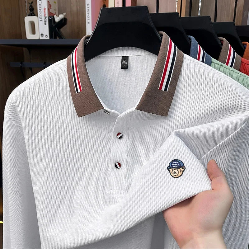 Trend 100%Cotton Man Long-Sleeved Polo Shirt Lapel Button Color Blocking Exquisite Pattern Embroidery Autumn New LeisureMenswear