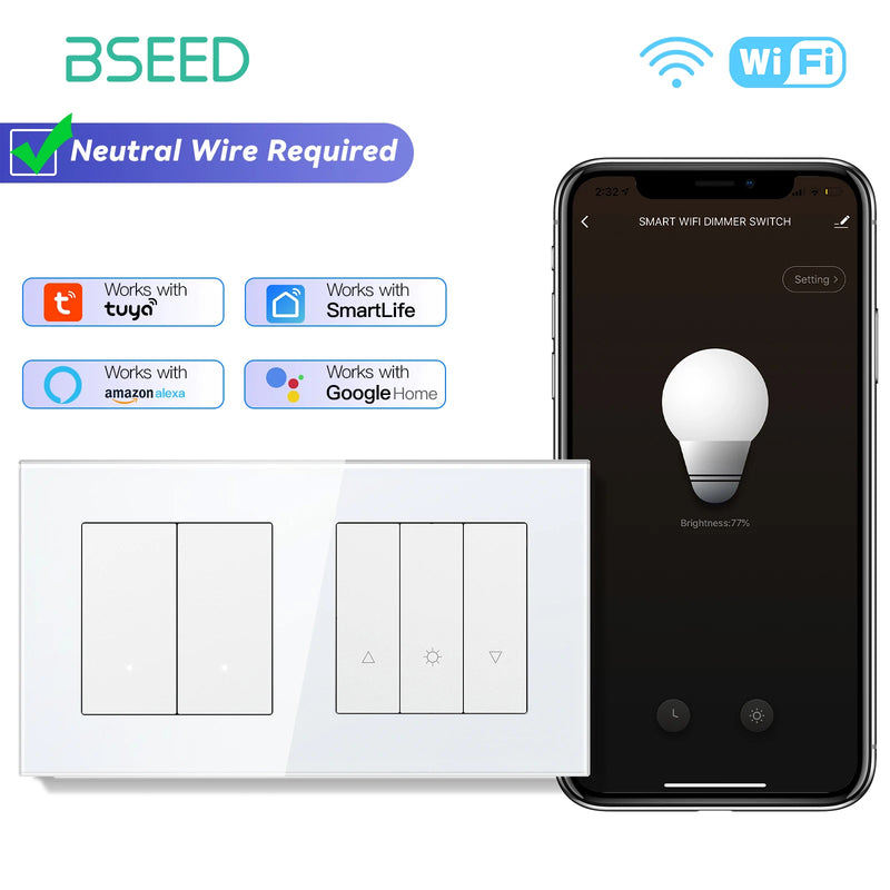 BSEED WIFI Dimmer Switch 1/2/3/4Gang Smart Click Button Switch Glass Panel White LED Indicator Tuya Smart Life Alexa Control