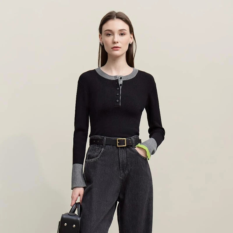 Amii Women's Autumn Commuter Sweater 2026 New Round Neck Contrasting Color Knitted Sweater Button Half-placket Slim Top 12621047