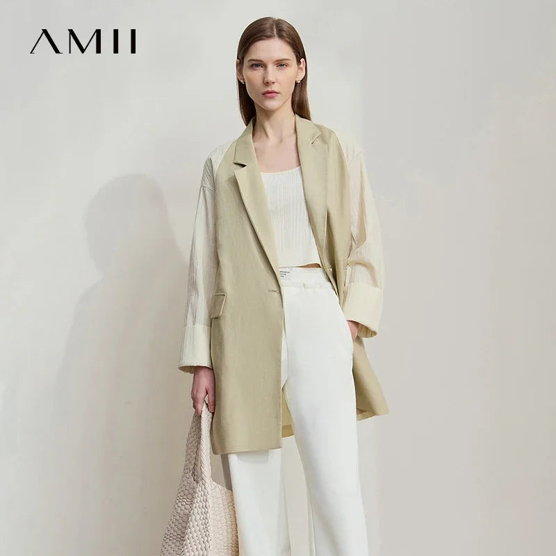អាវក្រៅធម្មតាសម្រាប់នារី Amii Minimalist រដូវស្លឹកឈើជ្រុះឆ្នាំ ២០២៥ ធ្វើពីក្រណាត់ Lyocell Linen Collision Splicing Crumple Texture Loose Blazer 12551008