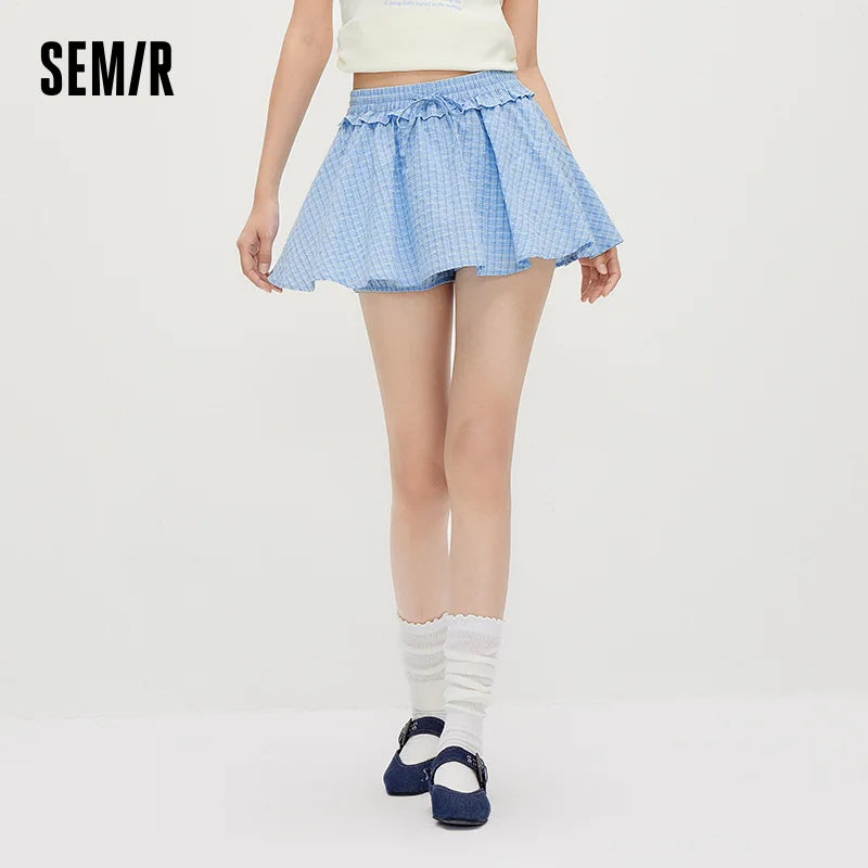 Semir Women Skirt High Waist Plaid Ruffle Trim Fresh Gentle Cute Girlish Mini 2026 Summer Casual Top