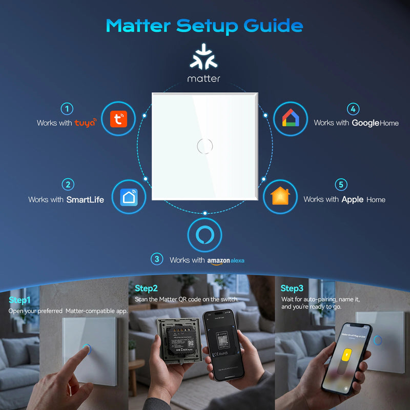 BSEED Matter WIFI Touch Switch 1/2/3Gang Smart Light Switch Support Apple Home Tuya APP Google Assistant Alexa Voice Control