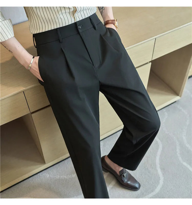 Men's Black Dress Pants for Summer and Fall; Gray Stretch Wide-leg Trousers for Spring; Asian Sizes 29–38.