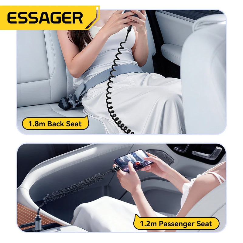 ខ្សែសាក Essager Car Spring USB C សម្រាប់ iPhone 14 13 12 11 PD សាកថ្មលឿន Type C ទៅខ្សែភ្លើងសម្រាប់ iPad Macbook ឌីជីថល DisplayPal