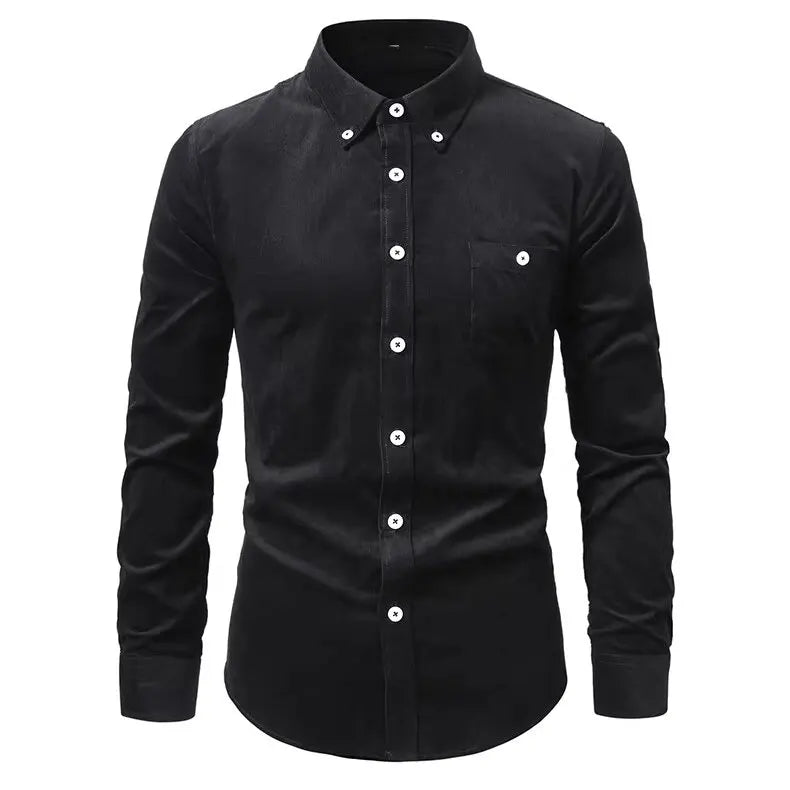 Men's Blue Long-sleeved Shirt, Corduroy Fabric Shirts, Asian-sized Fitted Top. Available in Red, Black, White, Green and Yellow.