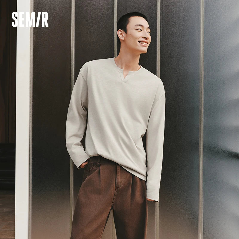 Semir Versatile Tshirt Men 2026 Spring Solid Color Small V Neck Loose Commute Basic Casual Comfortable Inner Layer Top