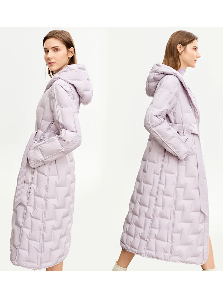 AMII Minimalist Duck Down Jacket For Women New 2026 Winter Solid Long Thick Warm Hooded Coat With Belt Trendy Outerwear 12324013