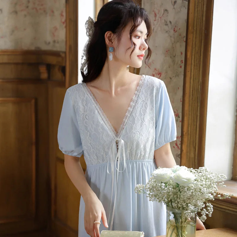 Palace Style Short Sleeved Night Wear For Women Summer Nightdress Cotton Lace Princess V-Neck Nightgowns Loose Home Clothes