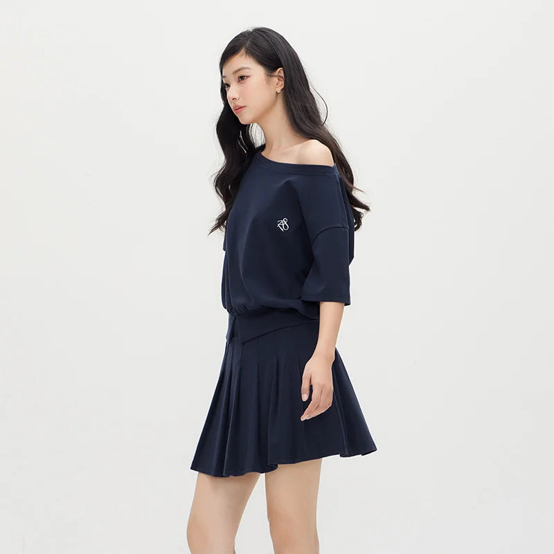Semir Women Set Short Length Pleated Skirt Oblique Shoulder Slit Top Embroidered Sexy 2026 Summer Casual Fashion Top
