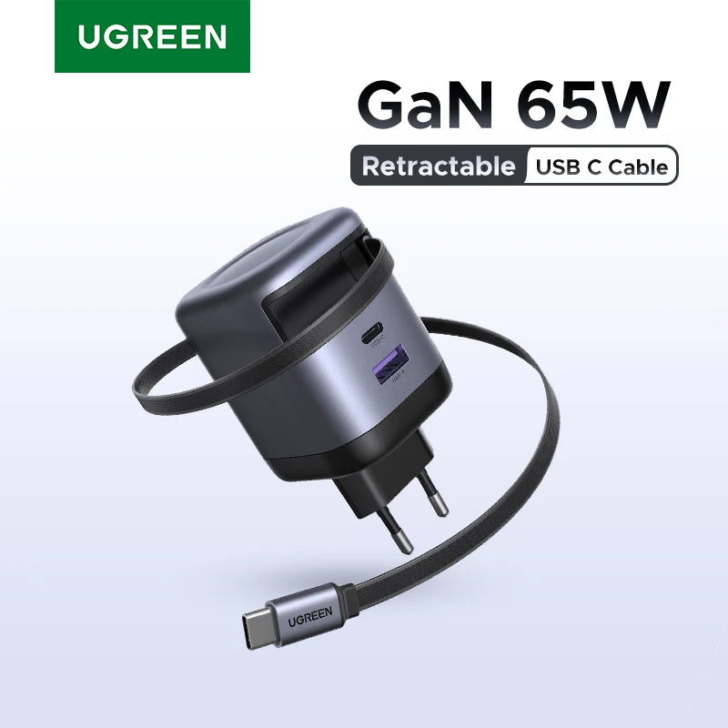 UGREEN 65W GaN Charger With Retractable USB C Cable For iPhone 18 17 Pro Samsung Xiaomi Laptop Macbook Tablet PD Fast Charger