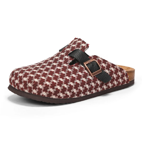 Mens Houndstooth Plaid Print Cork Footbed Clogs, Adjustable Buckle Closed-Toe Mules, Comfort Slip-On Shoes for Indoor & Outdoor