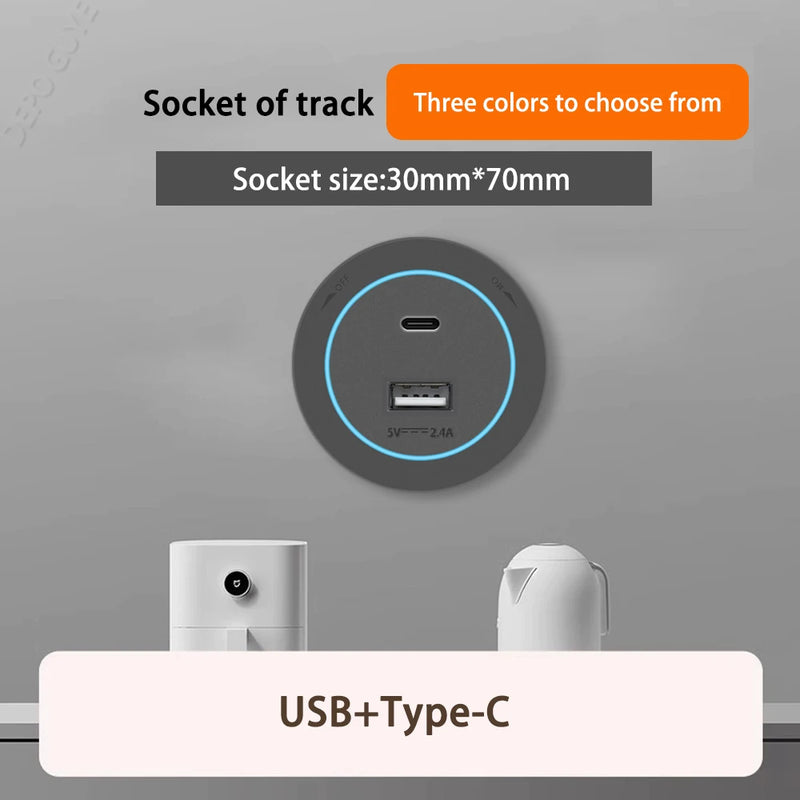 Imitation wood grain Rail Mobile Power Track Socket EU/Universal/UK/USB Type-C Kitchen Bathroom Office Wall Mounted Socket Plugs