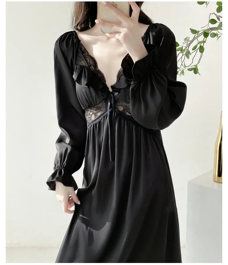 Ins Sweet Princess Nightdress Long Sleeve Spring Summer Dress Silk Satin Lace Night Wears For Women Slim Sleepwear Nightgowns