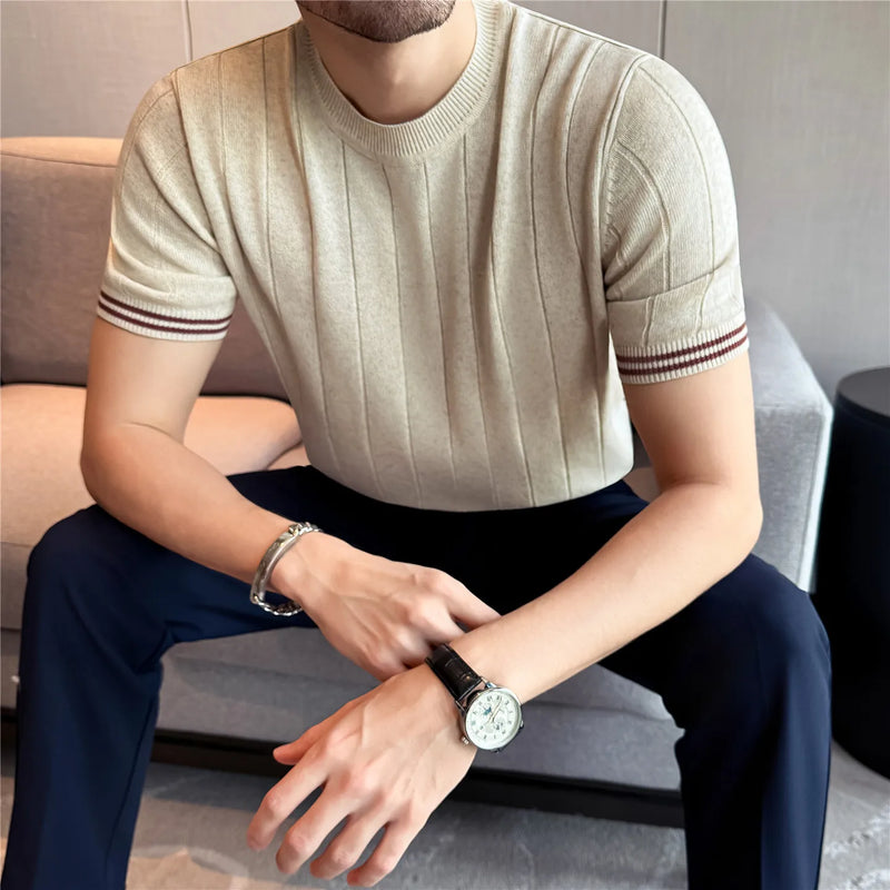 Men's Natural Linen Short Sleeve Knit Shirt - Cool Breathable Ribbed Crew Neck Top with Smooth Texture & Shape Retention