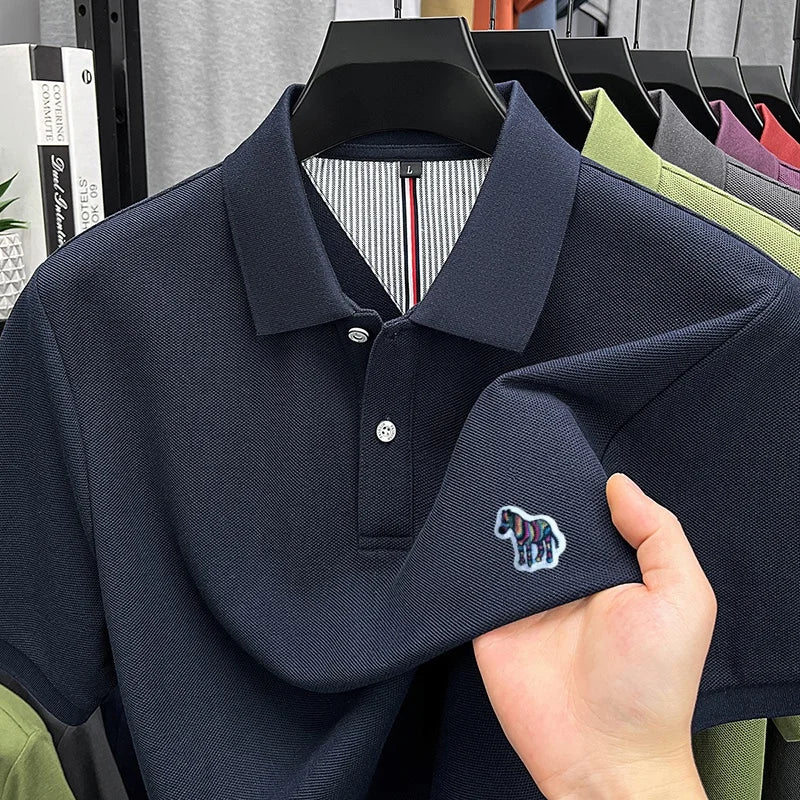 High Quality 100% Cotton Summer Man Short-Sleeved Polo Shirt Lapel Button Slit Hem Zebra Embroidery Snug Ventilate Men'sClothing