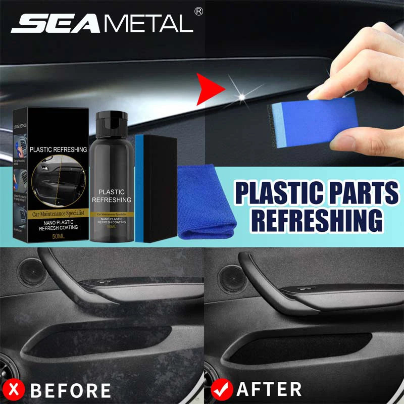 SEAMETAL 50ml Car Plastic Refreshing Coating Agent Set Nano Plastic Refurbish Agent with Sponge Cloth for Car Accessories