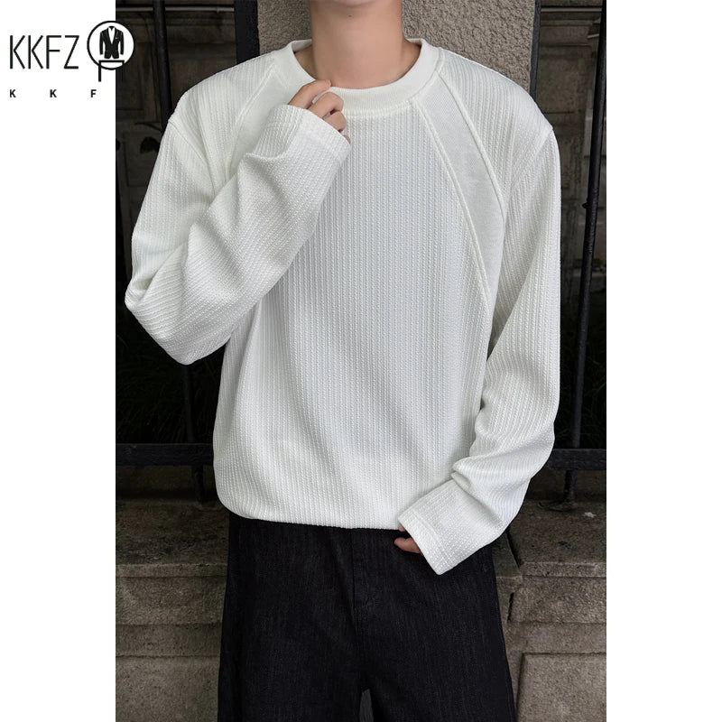 Mens Minimalist Crew Neck Sweater Long Sleeve Vertical Texture Knit Raglan Seam Soft Pullover For Daily Outfit