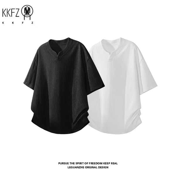 Mens Wrinkle Textured Short Sleeve Top Notched Collar Oversized Cutting Suitable For Vacation Dating And Casual Scenes