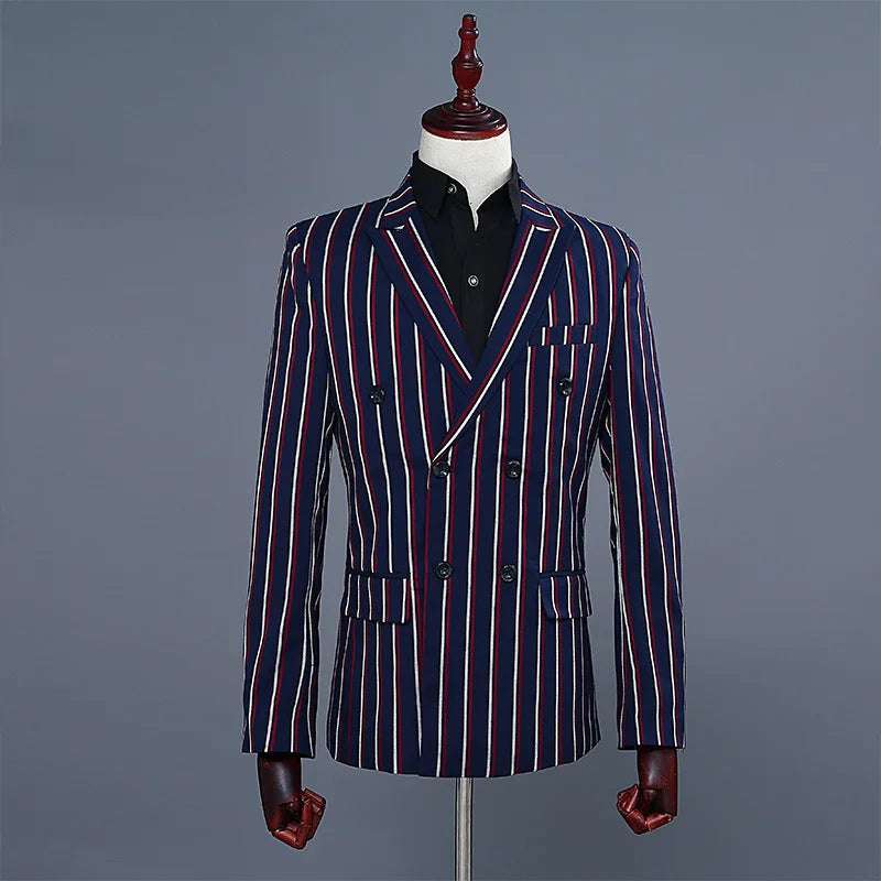 Navy Blue Mens Double-breasted Suit Two-piece Set, White Vertical Striped Jacket Paired with Matching Trousers, Asian Size S-XXL