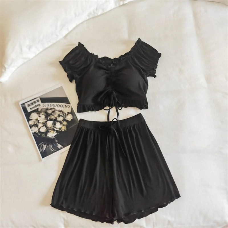 Summer Woman Pajamas Shorts Nightwear Chest Pads Pijama 2 Piece Sets Sleepwear Women's Pajamas Home Suit Pyjamas Female Clothing