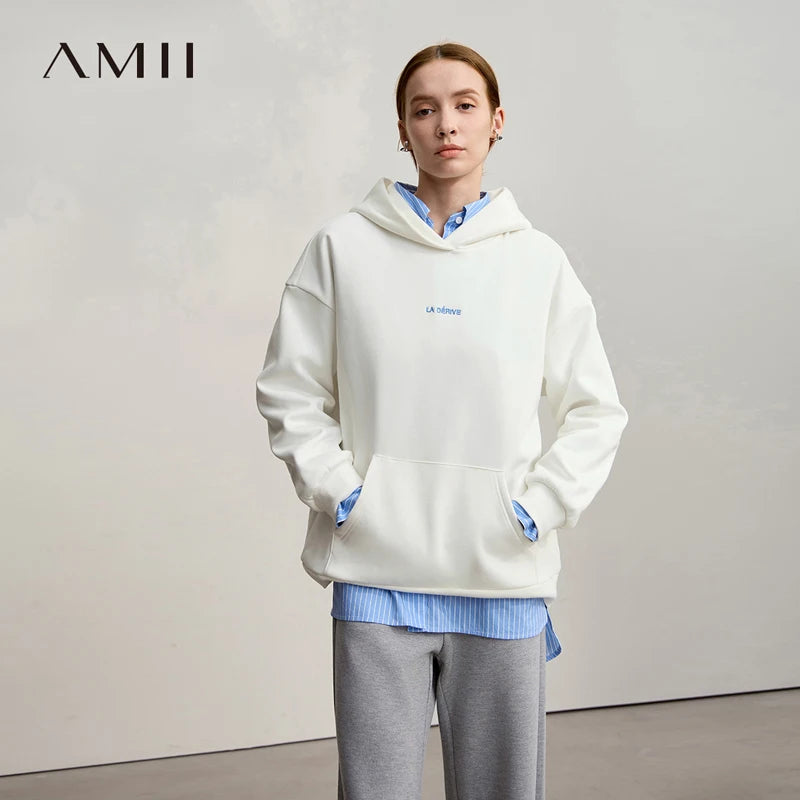 AMII Woman Sweatshirts 2026 Winter New Embroidery Hooded Knitting Sweatshirts for Ladies Long Sleeve Loose Casual Top 12544130