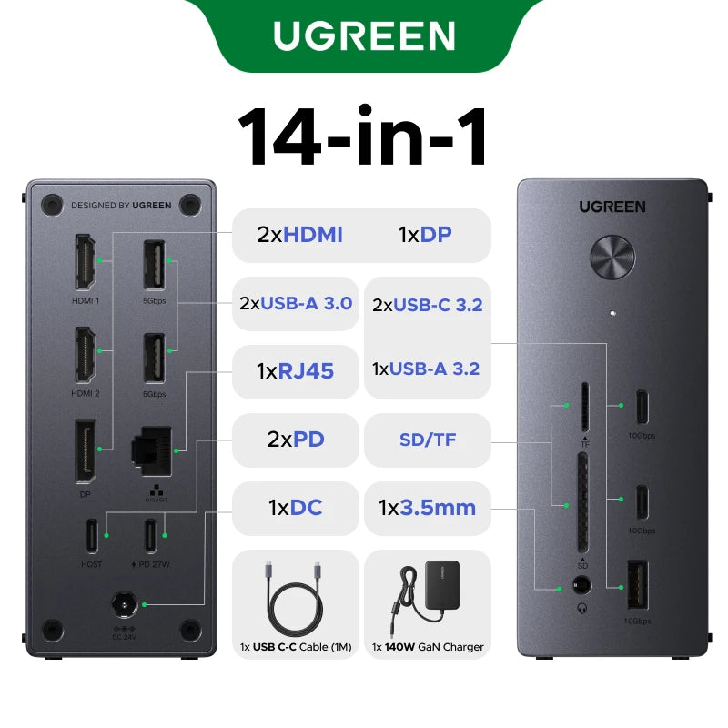 UGREEN Docking Station 14-in-1 USB HUB Triple Display HDMI DP 10Gbps USB-A/C RJ45 SD&TF PD100W for Laptop Windows Lenovo HP Dell