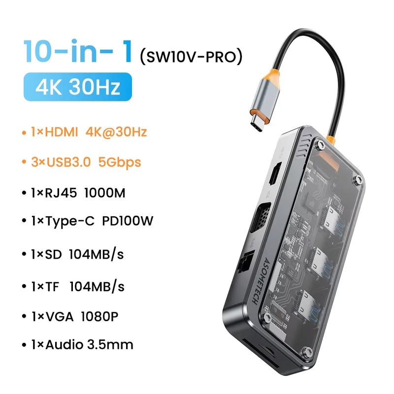 ស្ថានីយ៍ចត USB C HUB 10 ក្នុង 1 ប្រភេទ C ទៅ HDMI-compatible Hub Usb 3.0 អាដាប់ទ័រ PD 100W សម្រាប់សាកថ្មលឿន Macbook PC Laptop Tablet