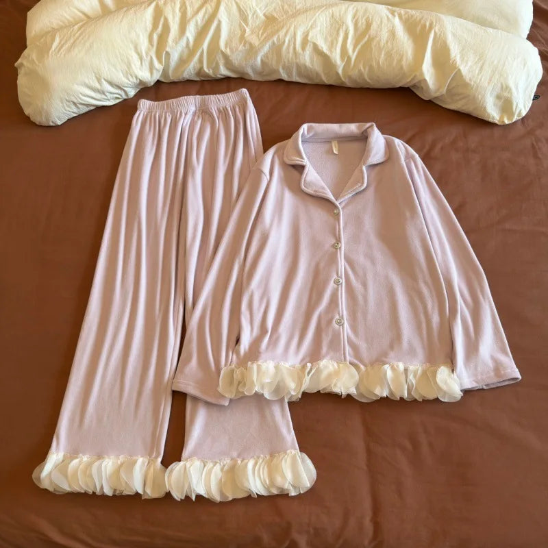 Double-sided Velvet Women Pajama Spring Autumn Winter Warm Long-sleeved Lace Soft Chest Pad Sleepwear Set Women's Home Clothes