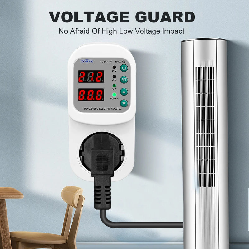 TOMZN Automatic Voltage Current Protector Socket AC 110V 220V Adjustable 16A Power Surge Protector EU Plug Socket TOSVA-16