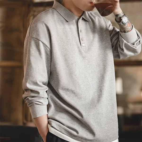 អាវយឺត Maden Spring Vintage Oversize Polo សម្រាប់បុរស អាវយឺតដៃវែងពណ៌ធម្មតា ទាន់សម័យ អាវធម្មតា