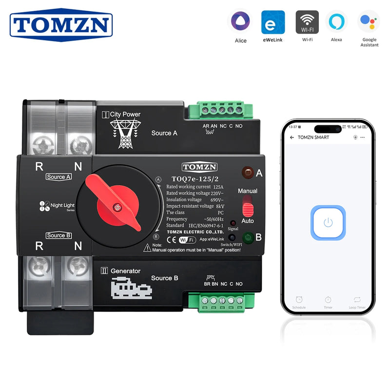 Dual Power Switch TOMZN TOQ7e 2P EWeLink Generator to City Power WIFI Automation Manual Night Light Series Timer Only 220/230V